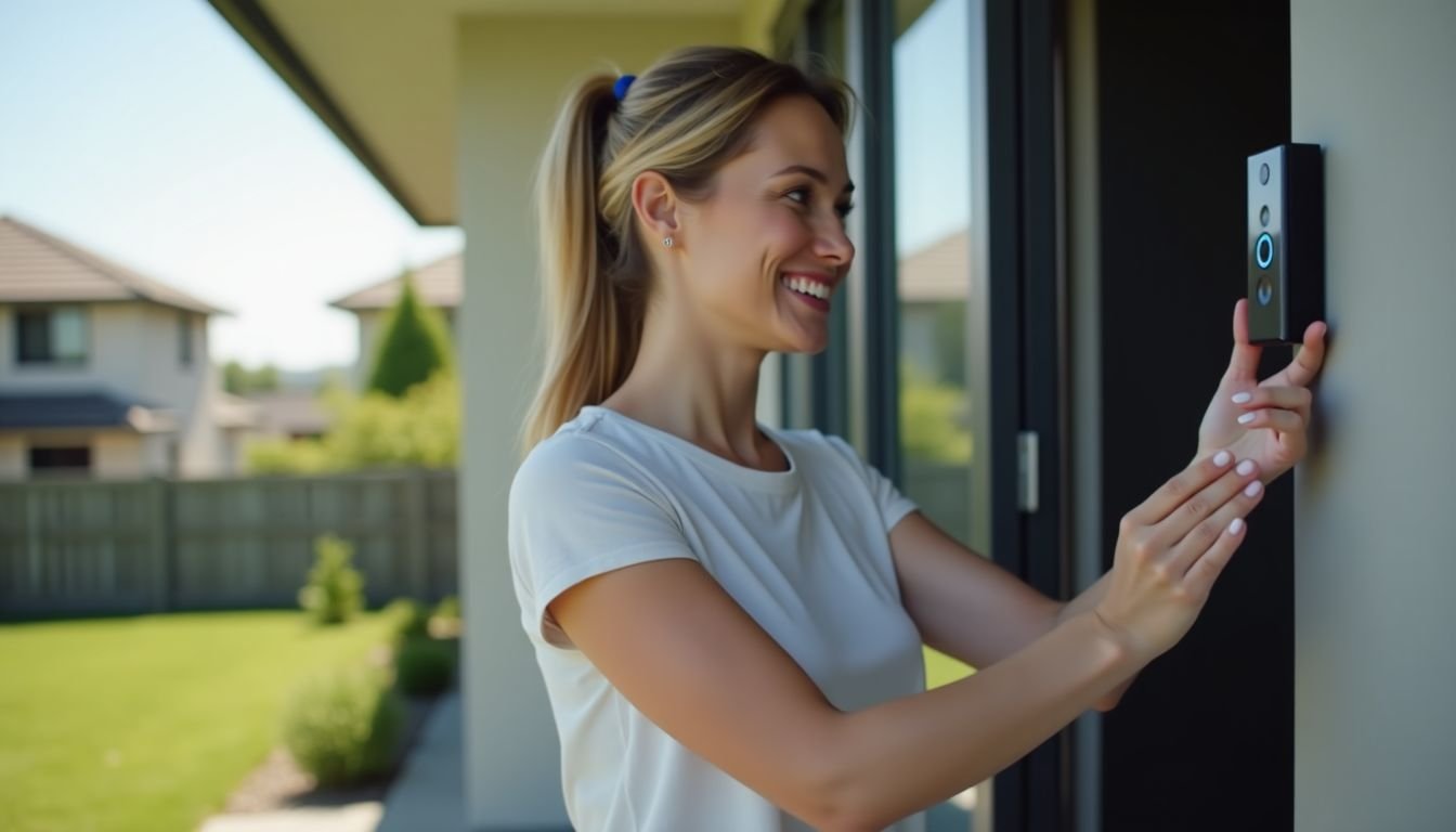 A woman installs an Ezviz DB1C Video Doorbell for home security.