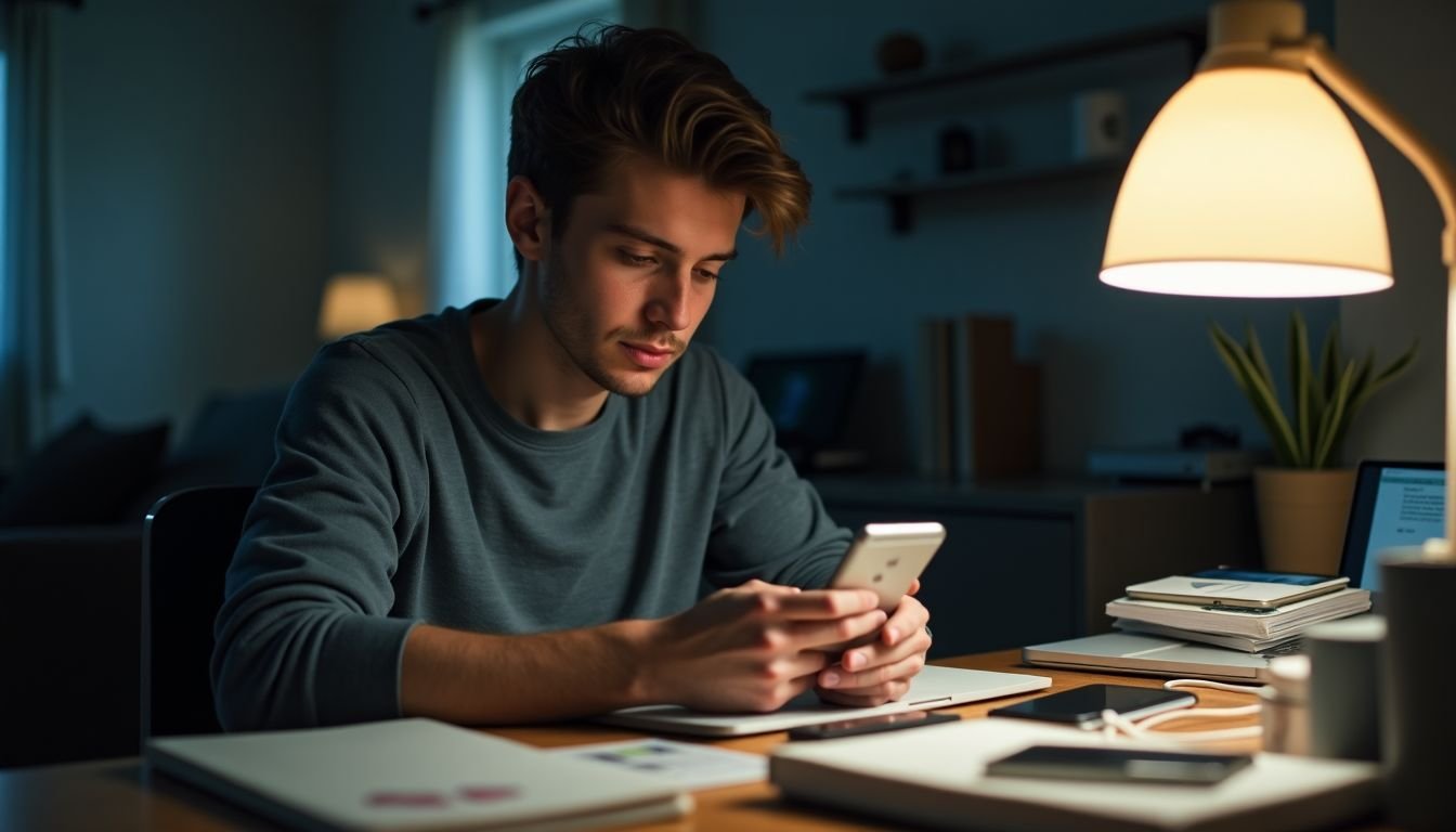 A person compares power banks at a cluttered desk.