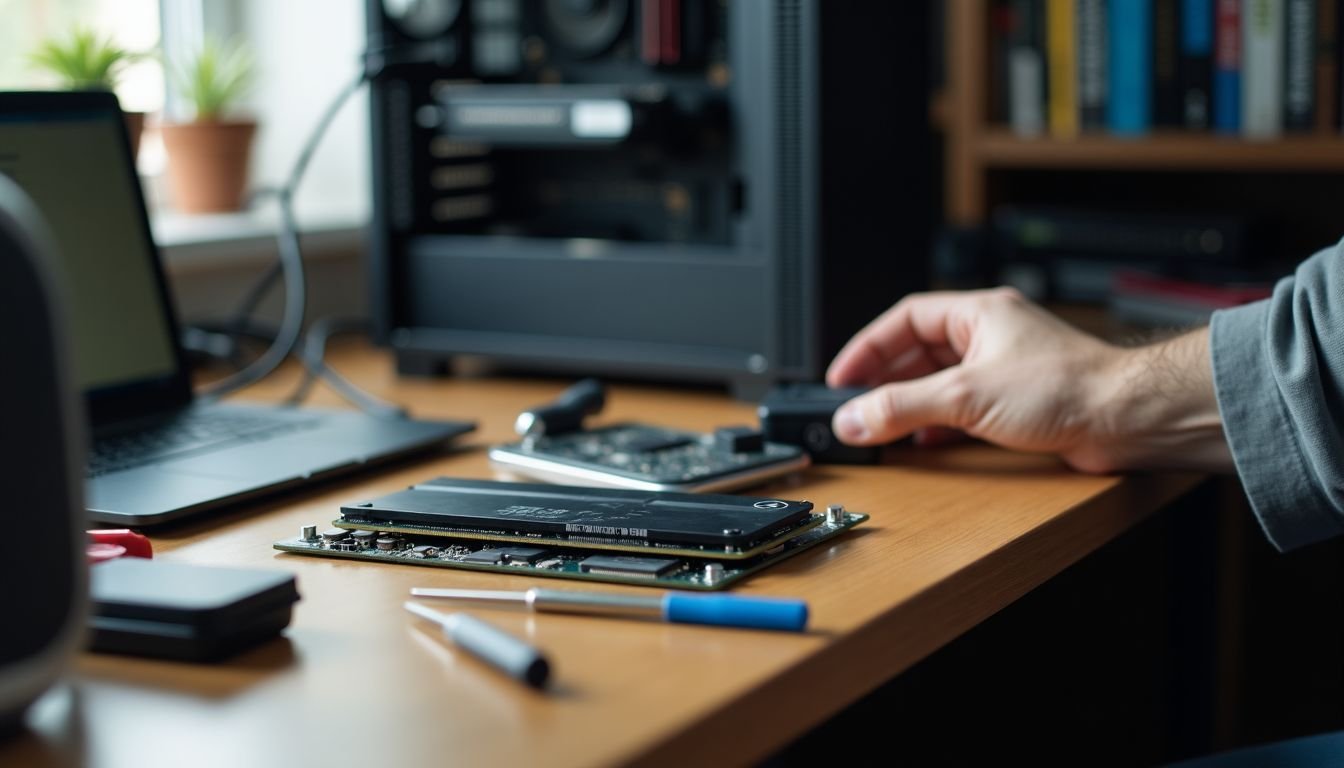 A person is installing a new NVMe drive in a cluttered desk.