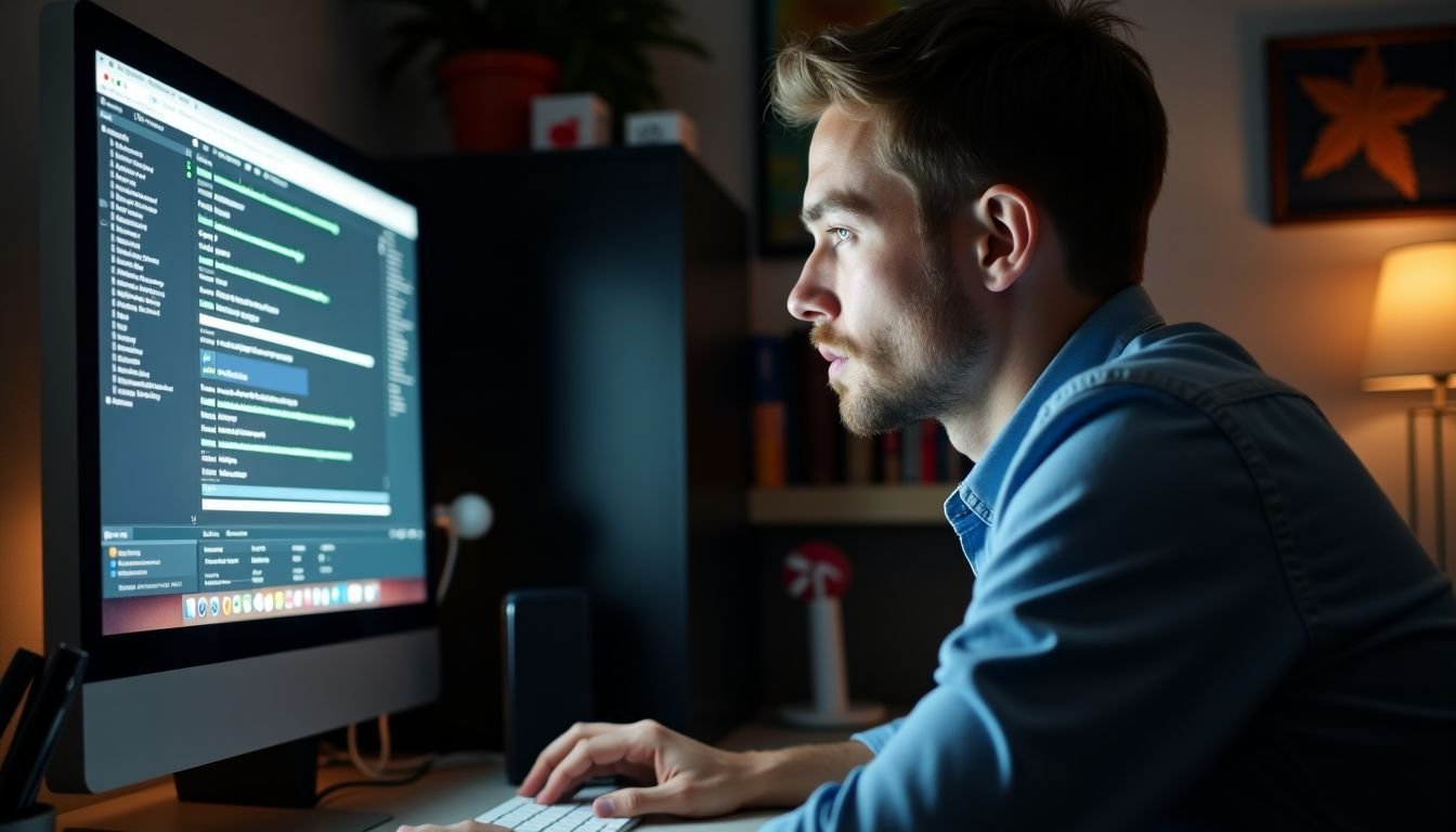 A man in home office transferring data using FastCopy software.