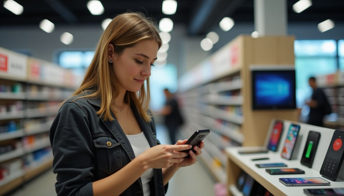 A woman in a tech store shopping for a power bank.