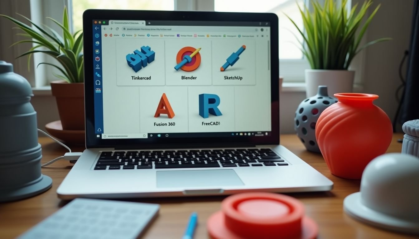 A cluttered desk with an open laptop and 3D printed models.