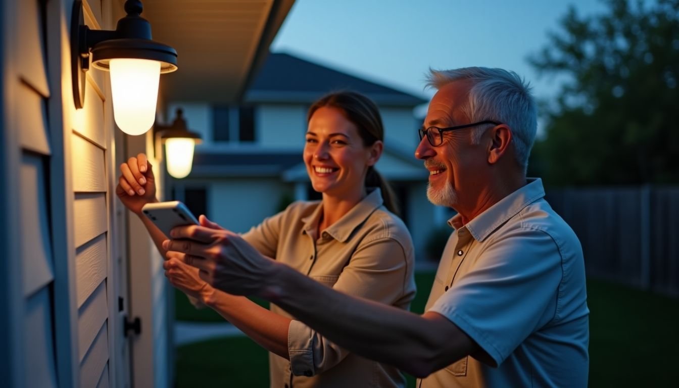 A couple in their 40s installing smart security lights and cameras.