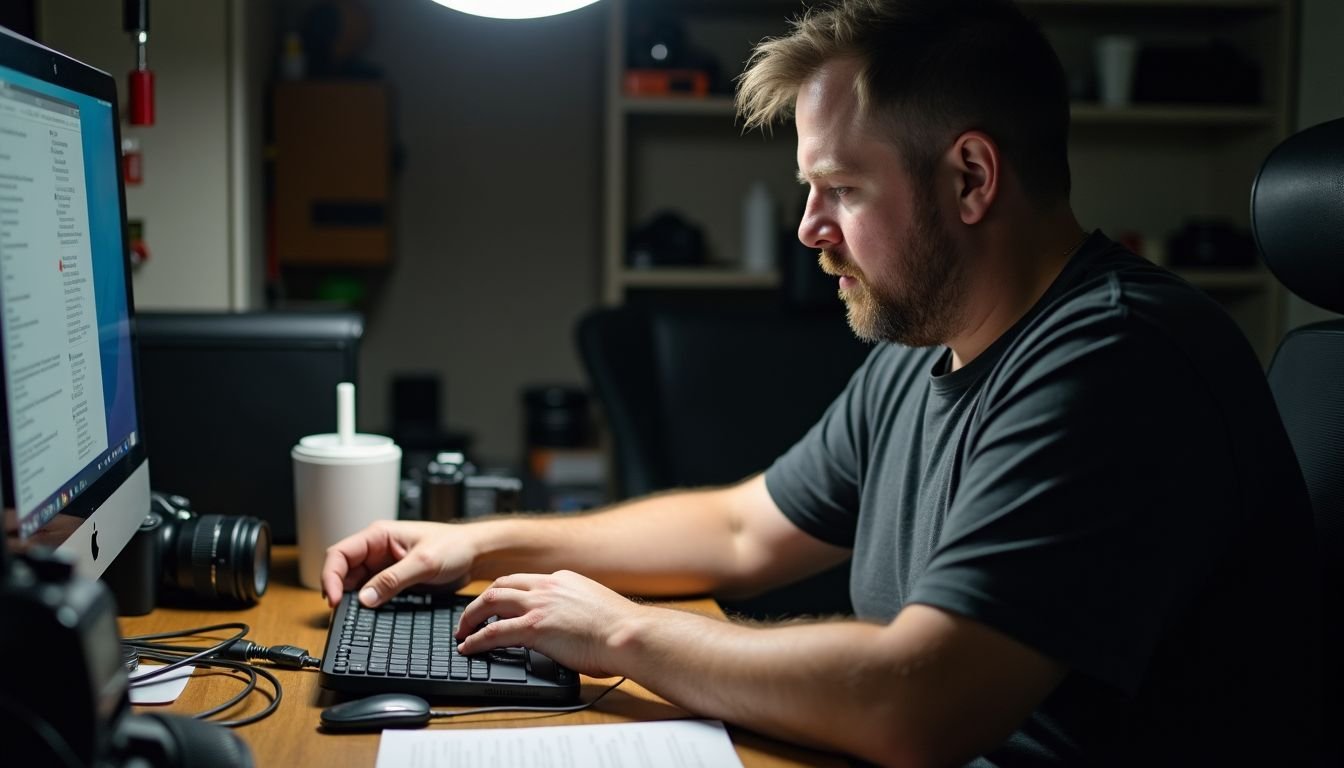 A male photographer is sorting through external hard drives in his cluttered home office.