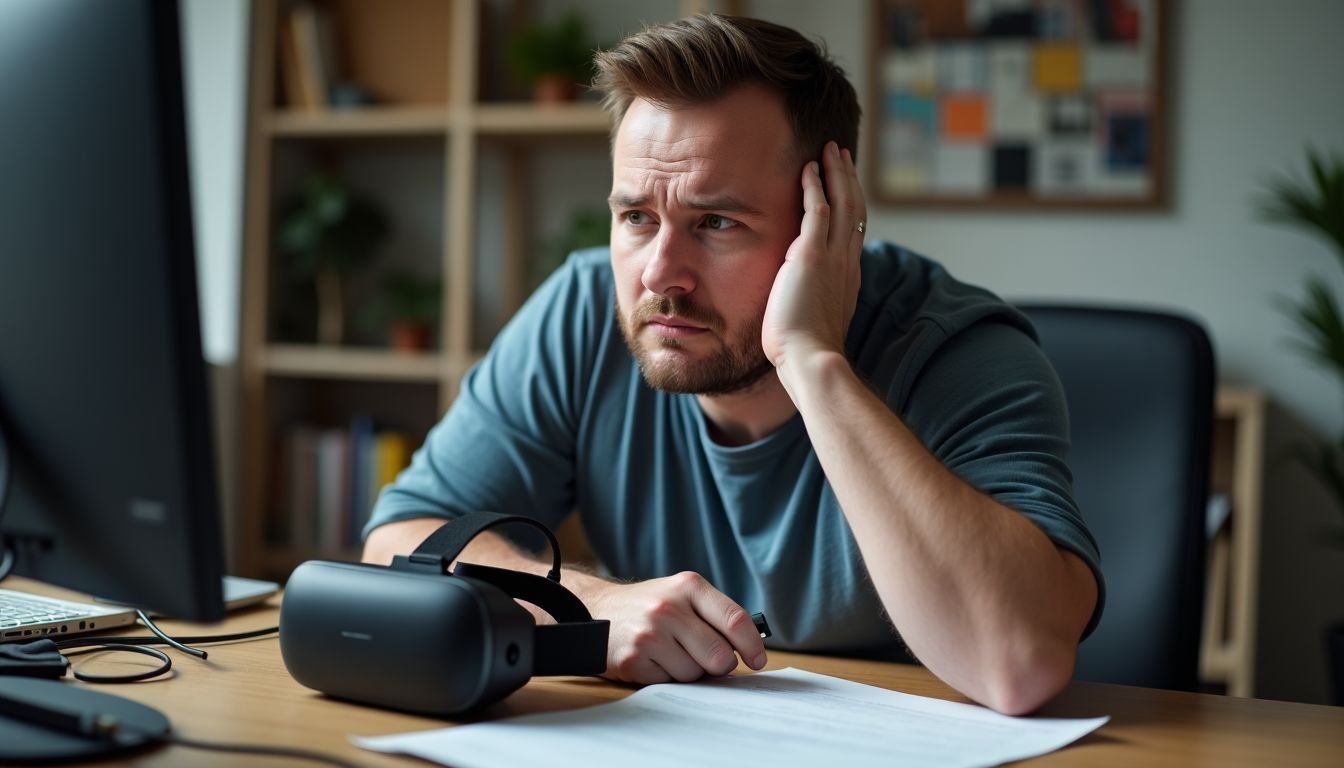 A frustrated man struggles to turn on a VR headset.