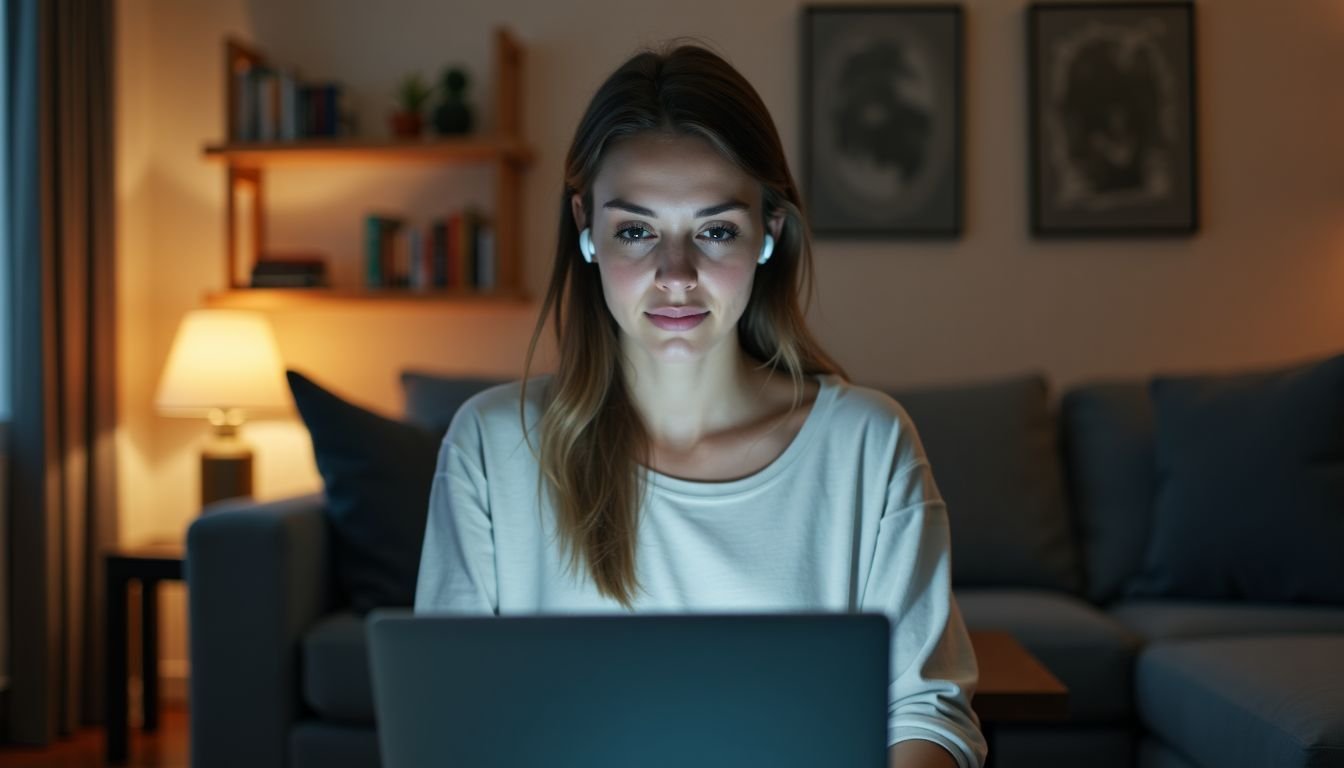 A woman in her 30s sits in a modern living room, working on her laptop.