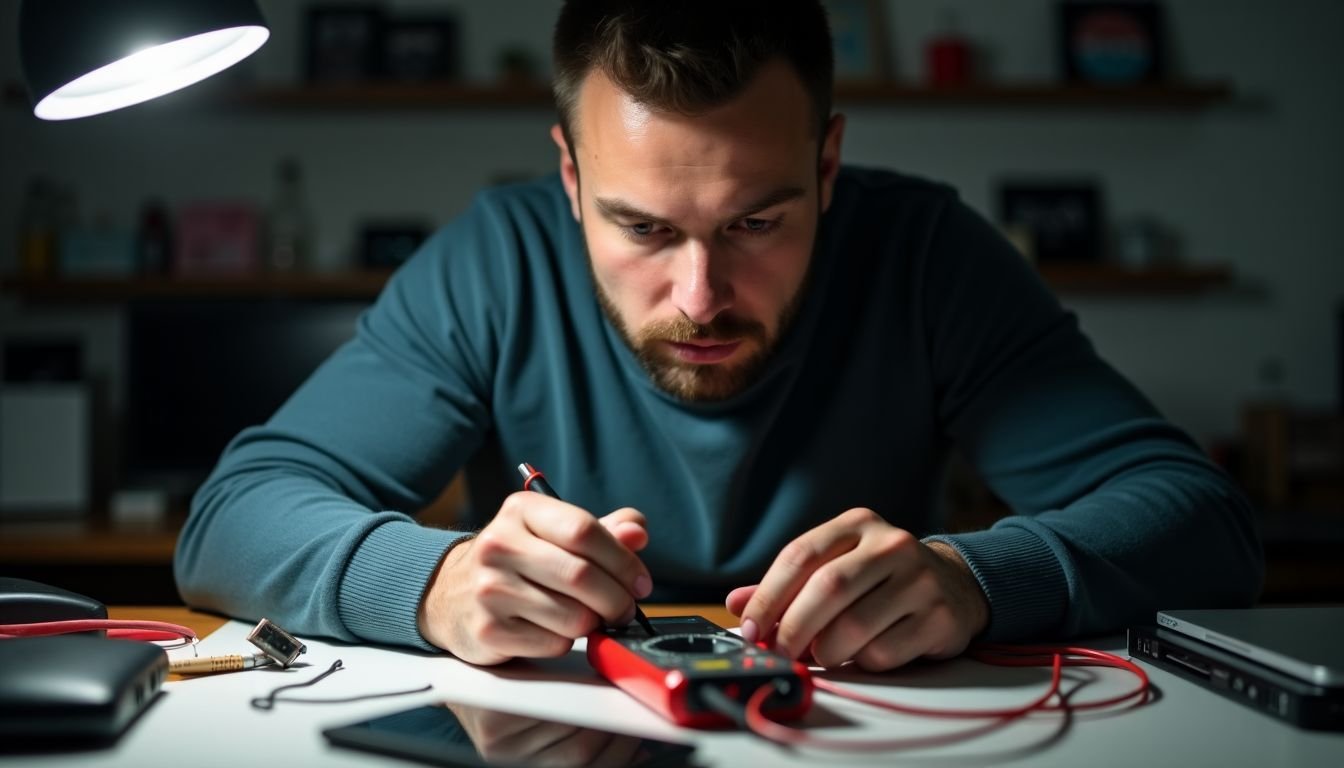 A man troubleshoots a power bank using a multimeter on a cluttered desk.