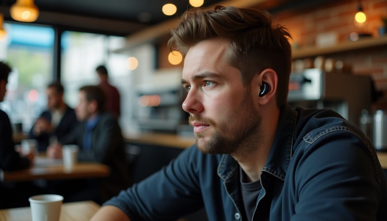 A man wearing wireless earbuds sits in a crowded coffee shop.