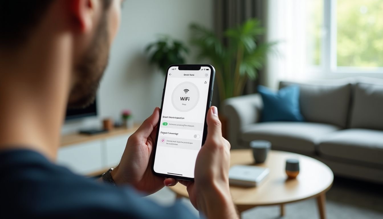 A person in a modern living room is setting up a smart home device app for better Wi-Fi coverage.