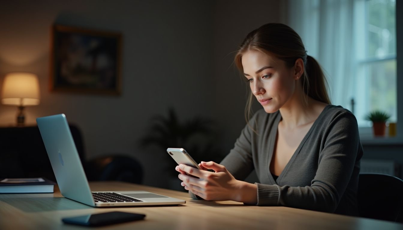 A woman in her 30s managing her smartphone storage and deleting content.