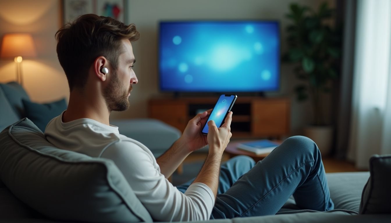 A man using his smartphone to connect wireless earbuds to TV.