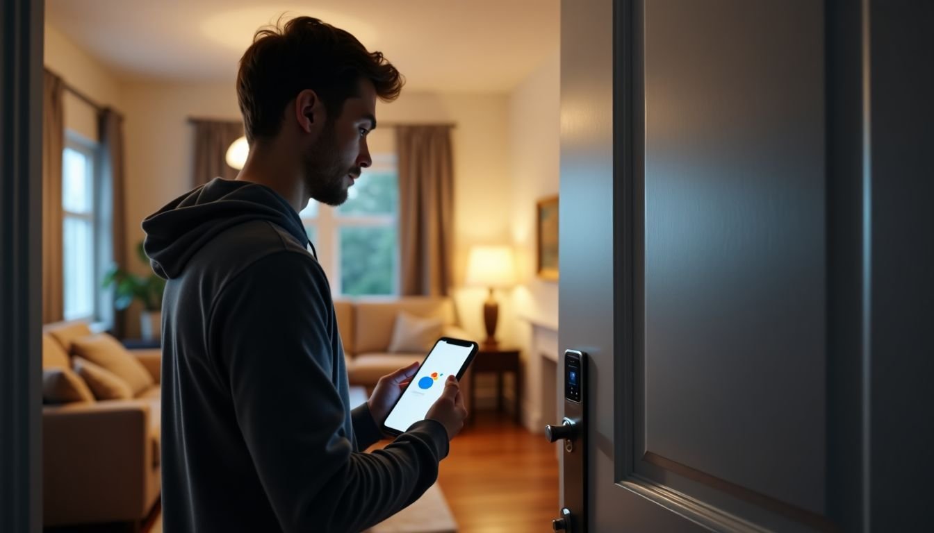 A person setting up a digital lock with Google Assistant on smartphone.