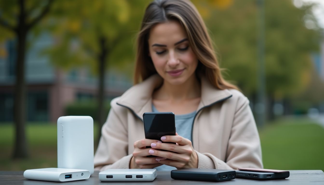 A woman compares power banks to her smartphone battery size.