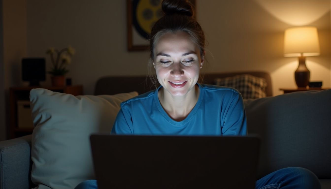 A person in their 30s or 40s is seated comfortably on a couch, focused on developing smart home skills for Alexa on their laptop.