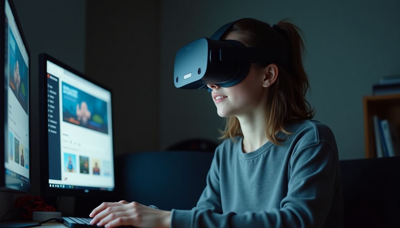 A person browsing and downloading games on a virtual reality headset.