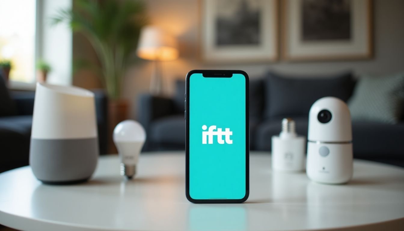 A smartphone with IFTTT logo connected to vahttps://darrelaffiliate.com/wp-content/uploads/2024/12/vintage-electrical-and-electronic-appliances-in-an-2023-11-27-05-10-10-utc-e1734923695564.jpgus smart home devices.