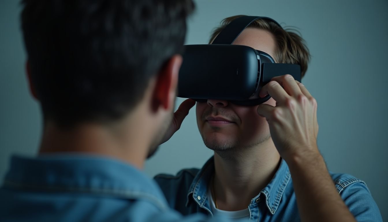 A person in their 30s adjusts settings on a virtual reality headset.