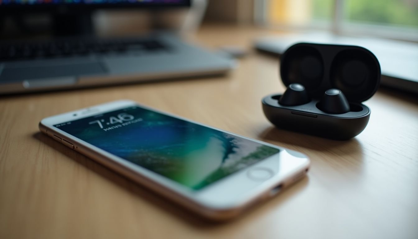 A cluttered desk with a smartphone and wireless earbuds in pairing mode.