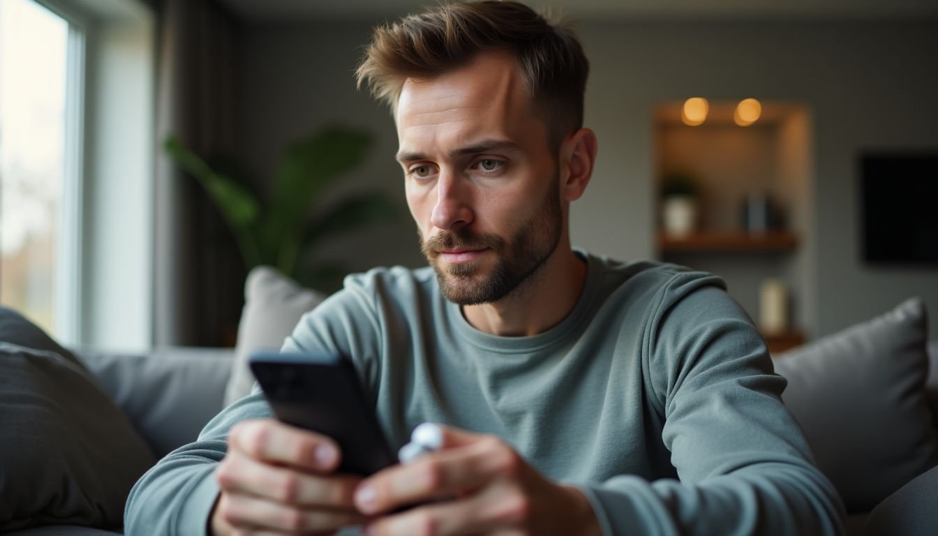 A man in his 30s pairs wireless earbuds with his iPhone.