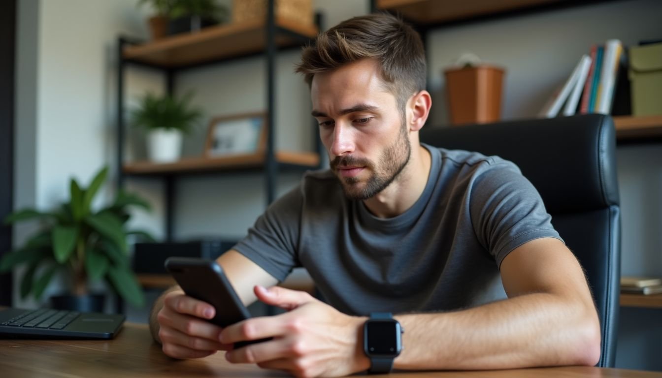 A man pairs his smartphone with a Garmin fitness tracker.