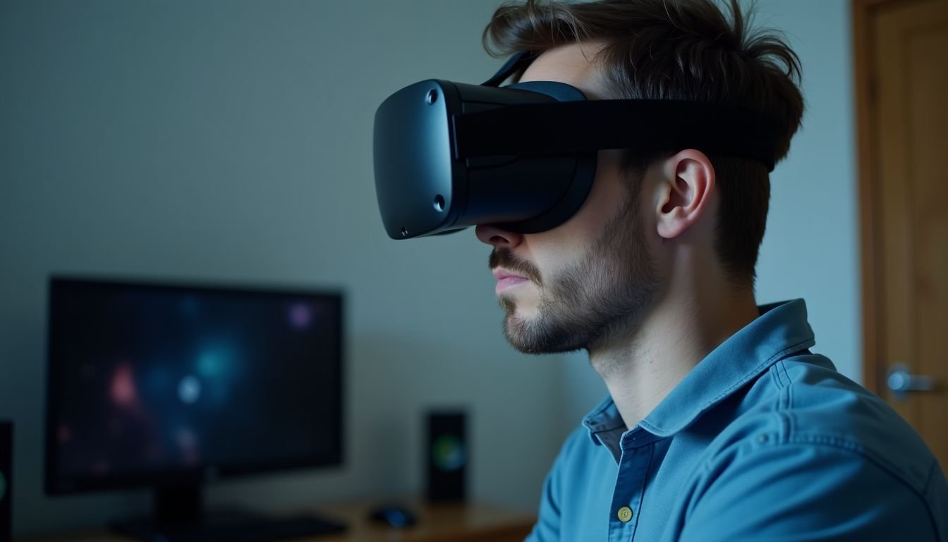 A man in his 30s setting up an Oculus Quest 2 headset for gaming.