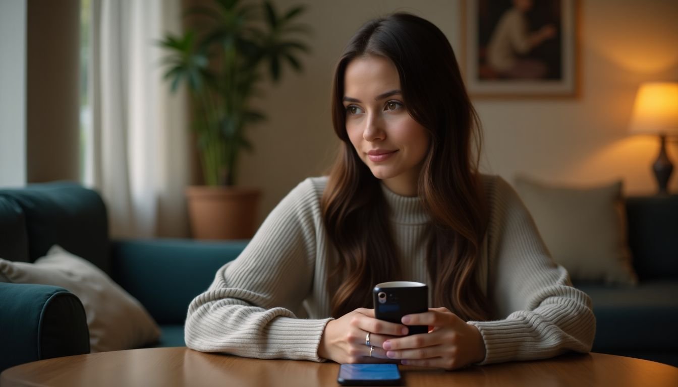 A woman charges her phone while enjoying tea in a cozy room.