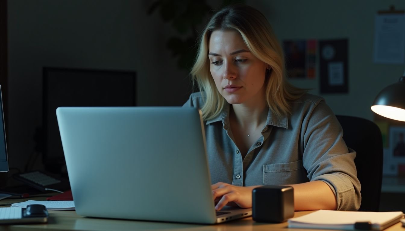 A woman in her 30s transferring important data to an external hard drive.