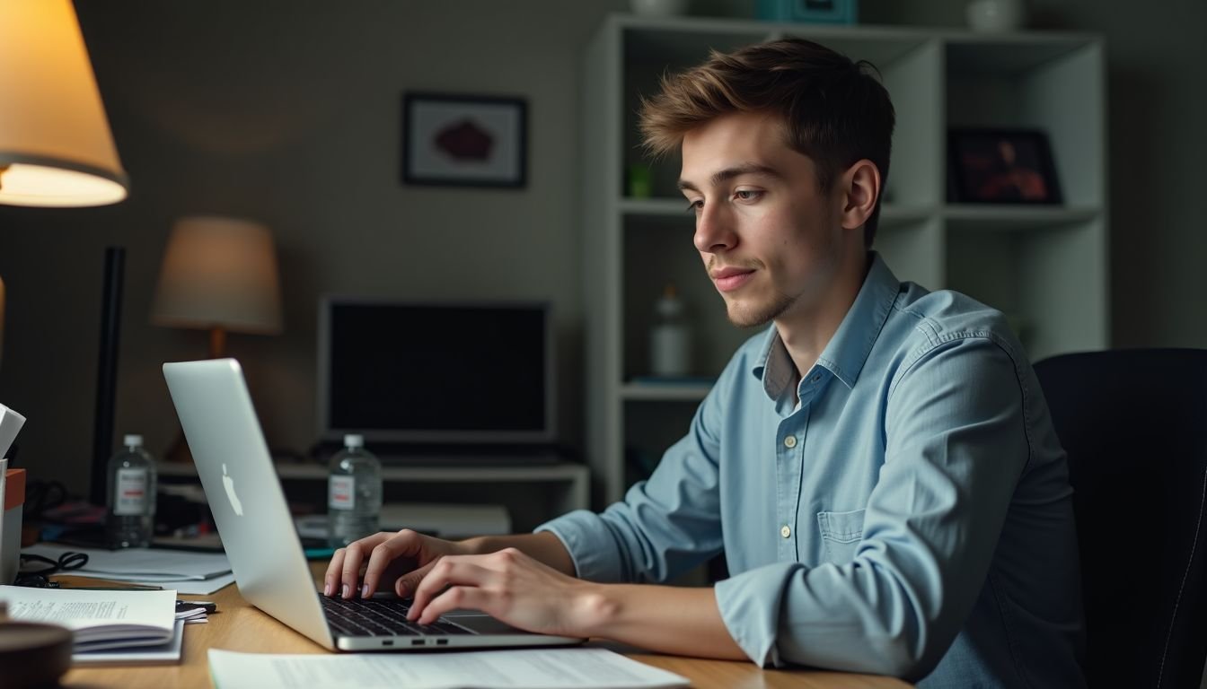 A young adult connecting external SSD to laptop at cluttered desk.