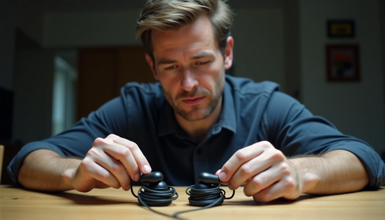 A man is sitting at a table inspecting tangled wireless audio devices.