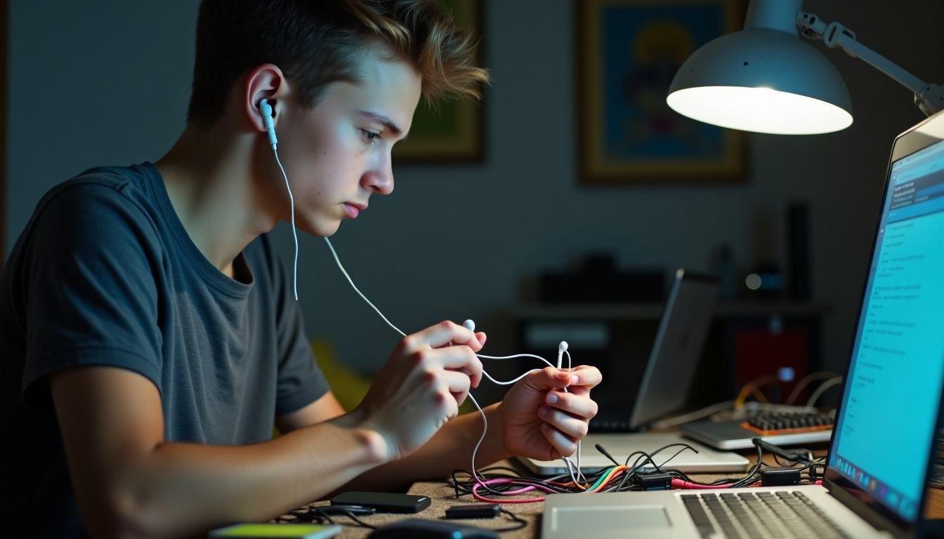 A young male student struggles with tangled audio cables at his desk.