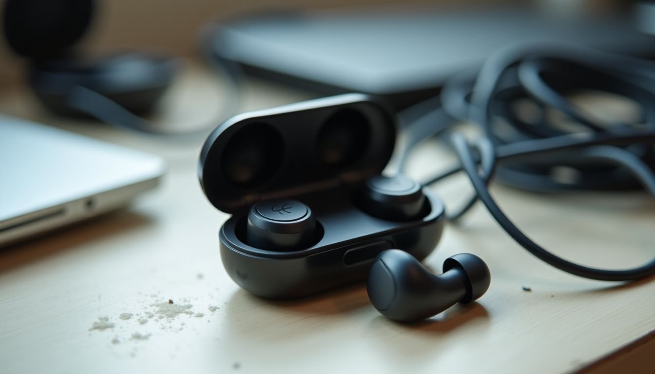 Wireless earbuds sitting on a messy desk with tangled cables.