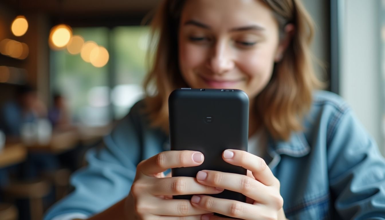 A person in a cafe comparing phone battery and power bank.