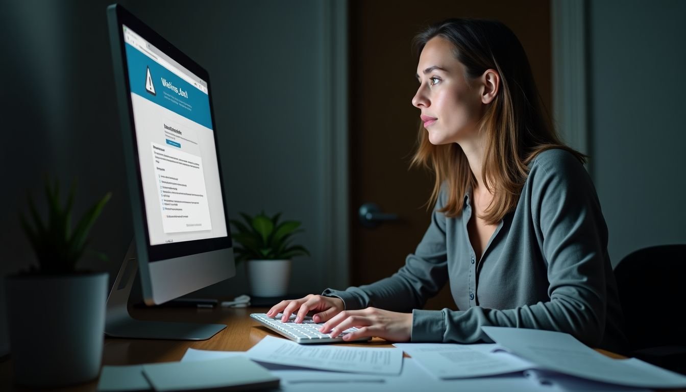 A woman stares at a computer warning about data loss.