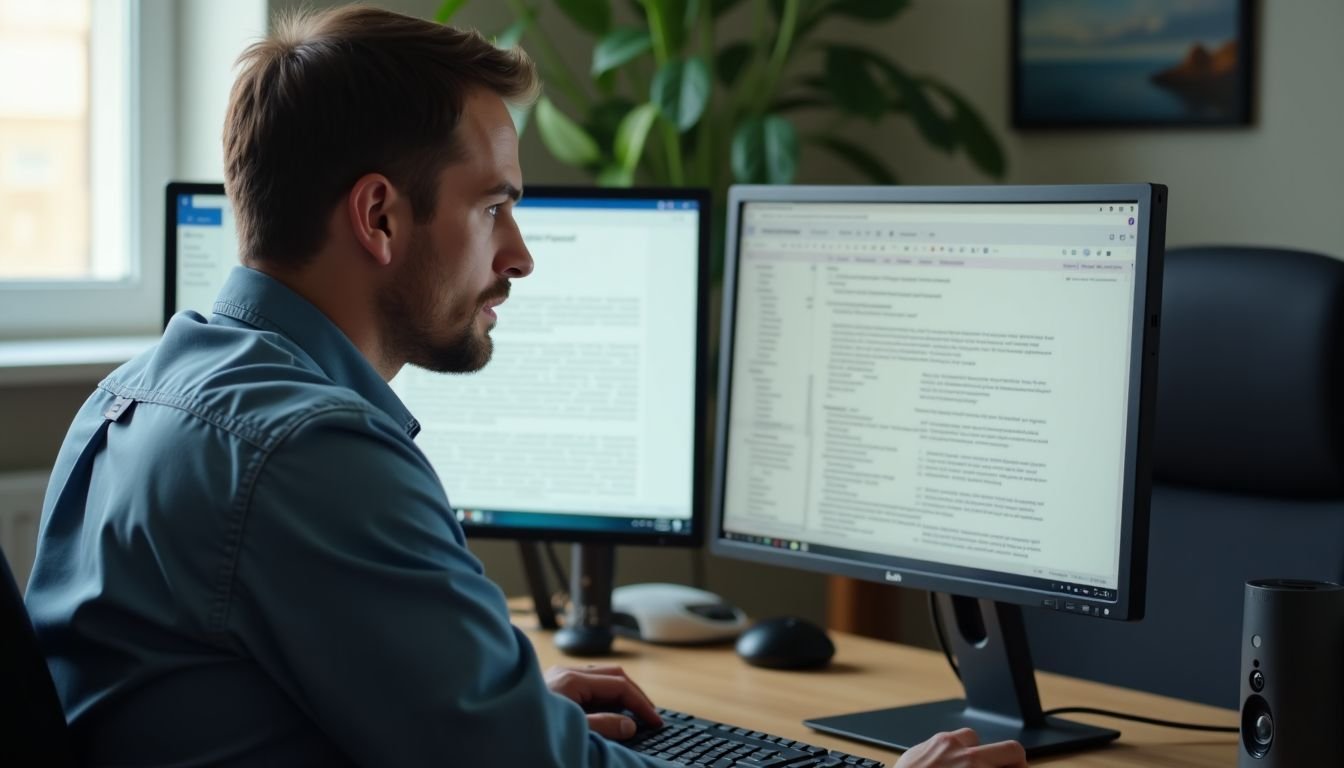 An adult sets up a dual monitor workstation for work.