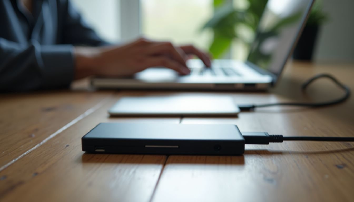 A clean desk with a laptop and external SSD for performance enhancement.