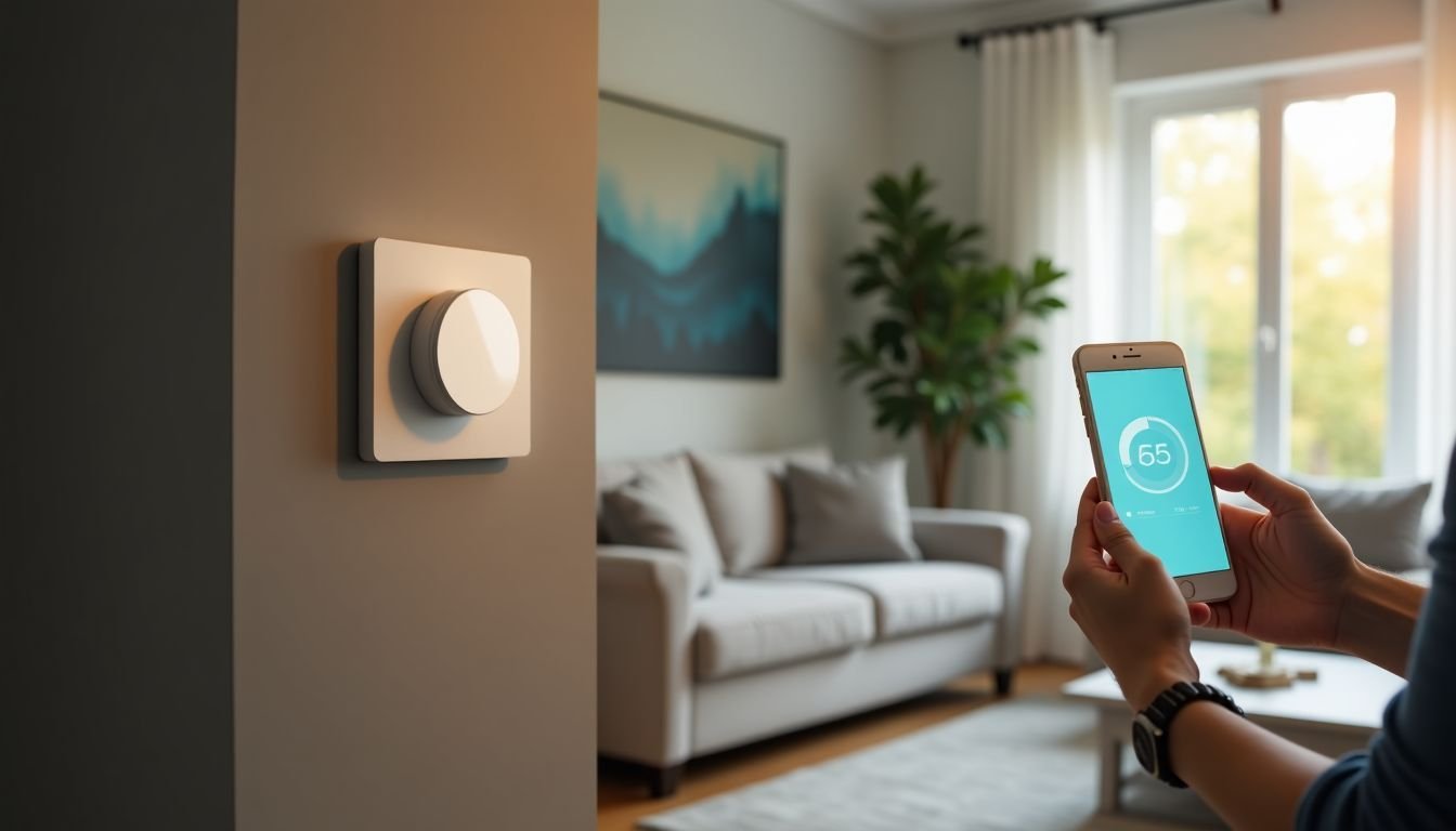 A smart thermostat mounted on the wall of a cozy living room.