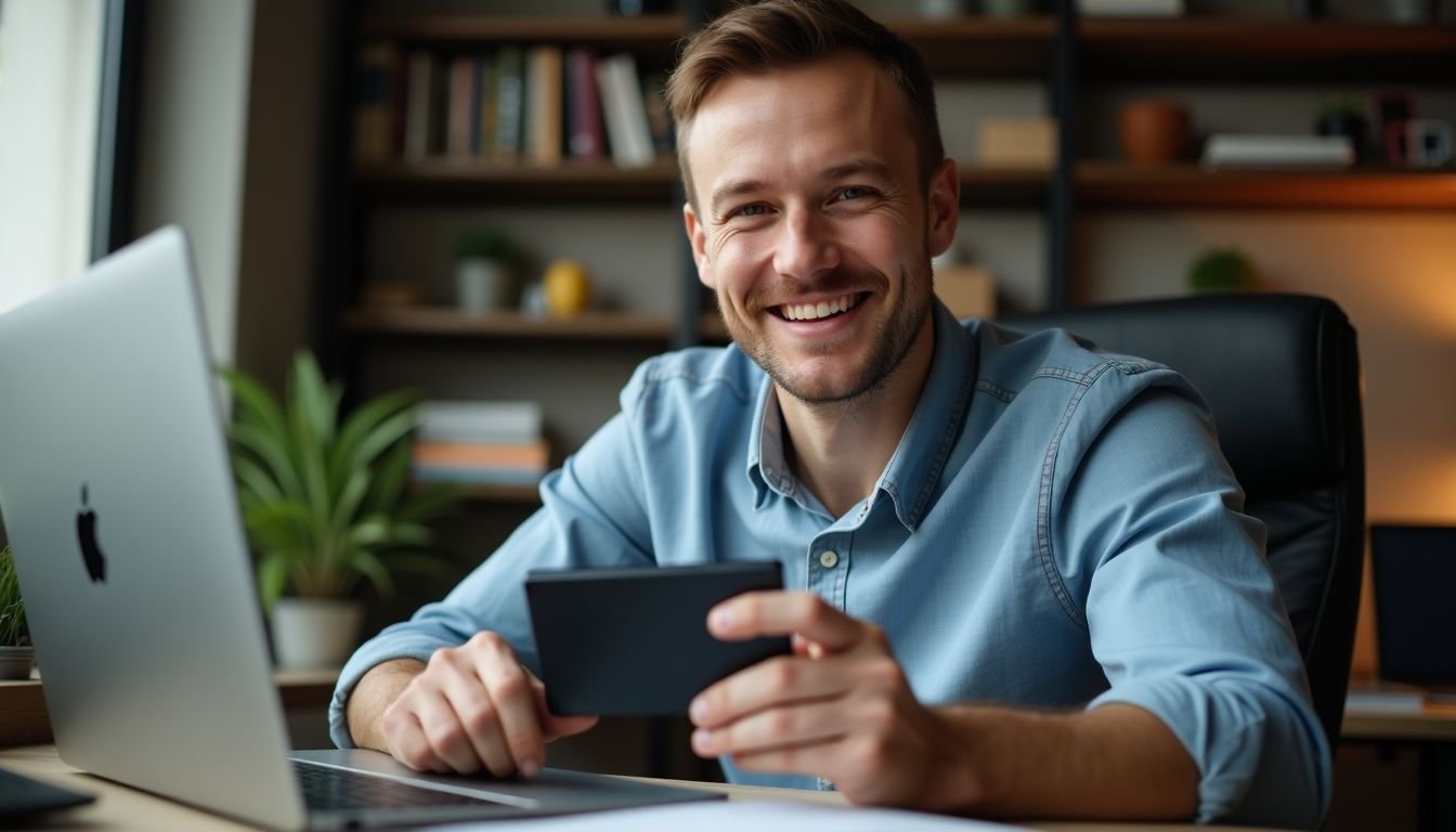 A man in his 30s connects external SSD to his laptop.