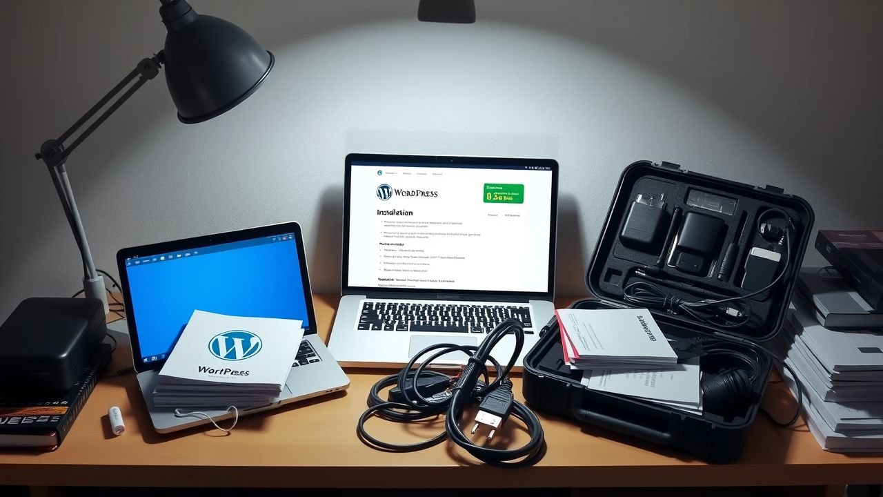 A cluttered desk with a laptop displaying a web hosting dashboard.