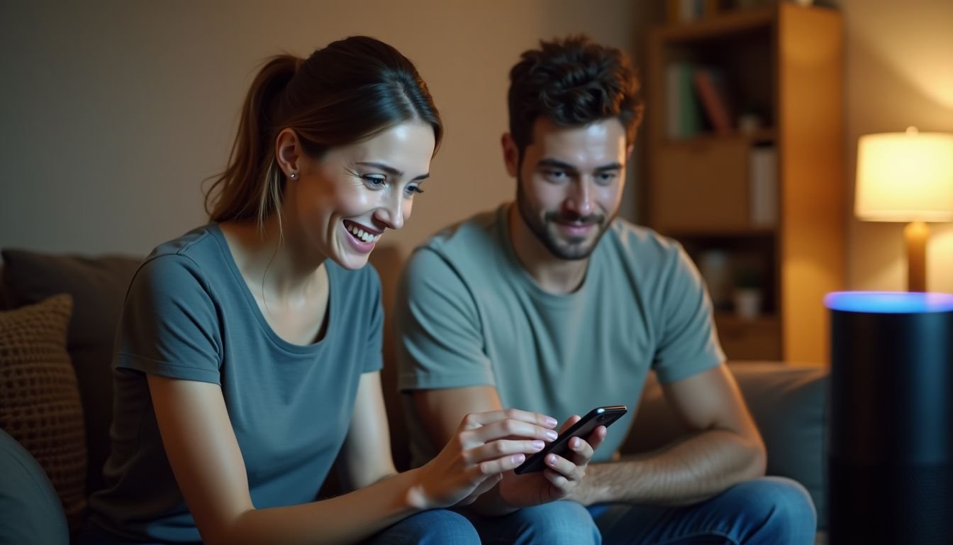 A couple in their 30s setting up smart home devices together.