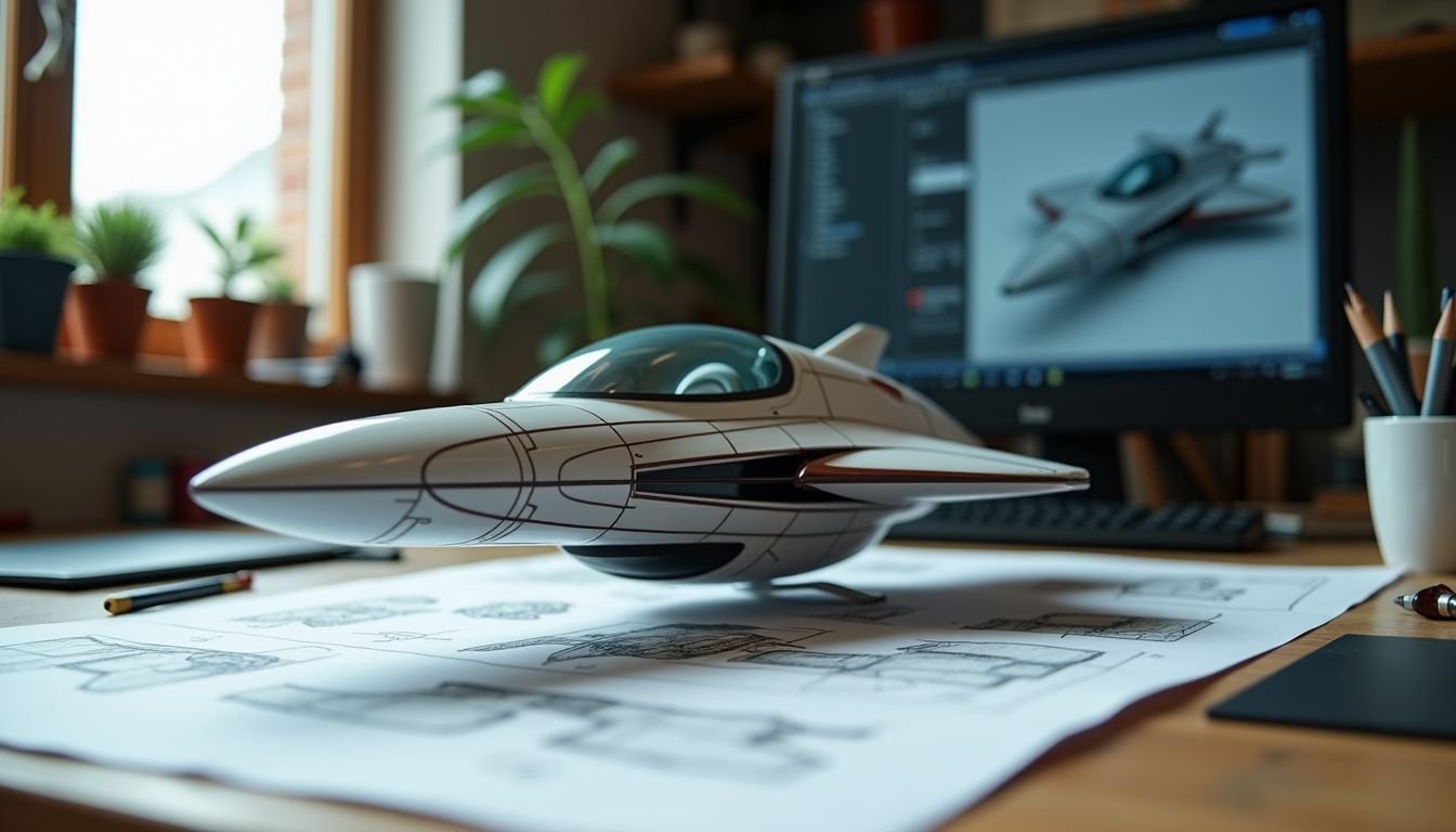 A detailed 3D model of a futuristic spacecraft created using SolidWorks.