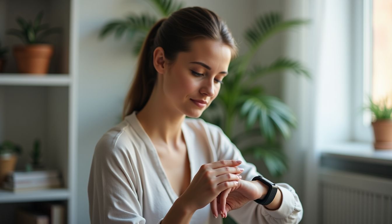 A woman in her 20s cleaning a heart rate monitor watch.