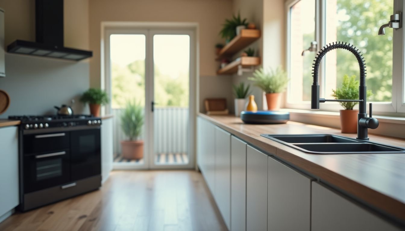 A modern kitchen with smart appliances and contemporary design.