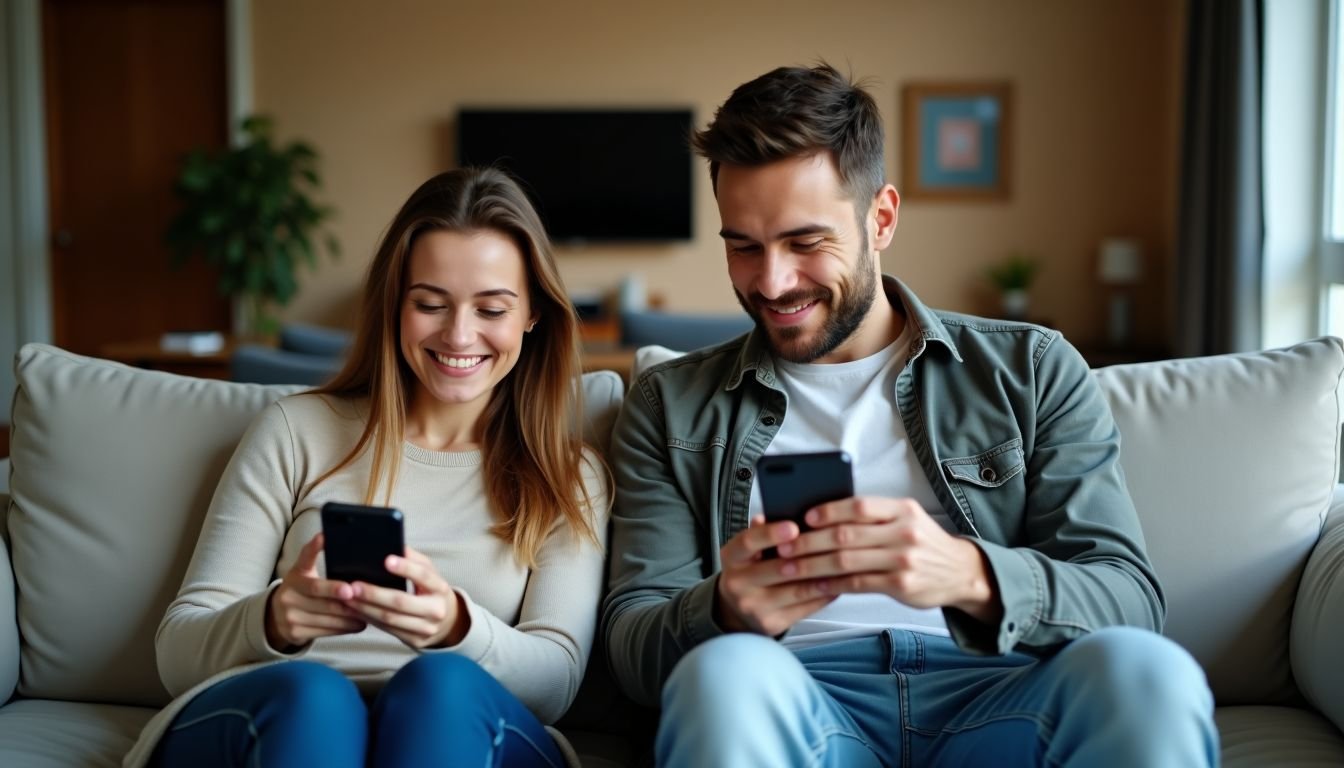 A couple in their 30s sitting on a couch, using smart speakers.