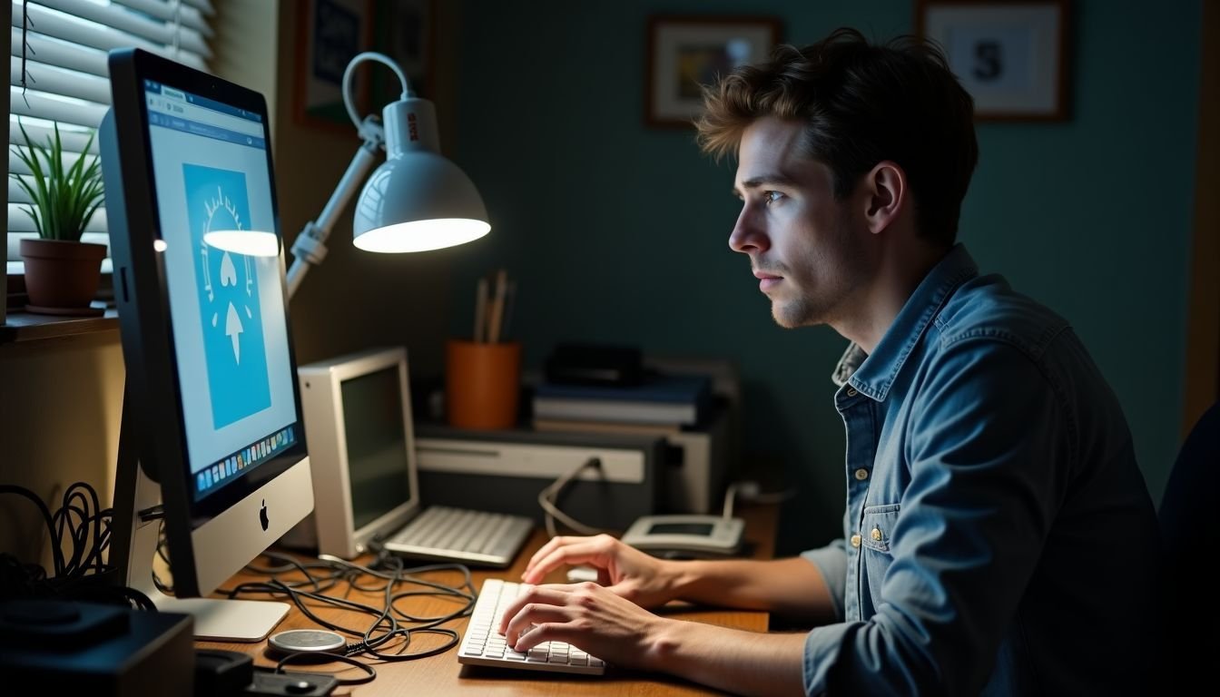 A man sitting at a cluttered desk, contemplating cloud storage options.