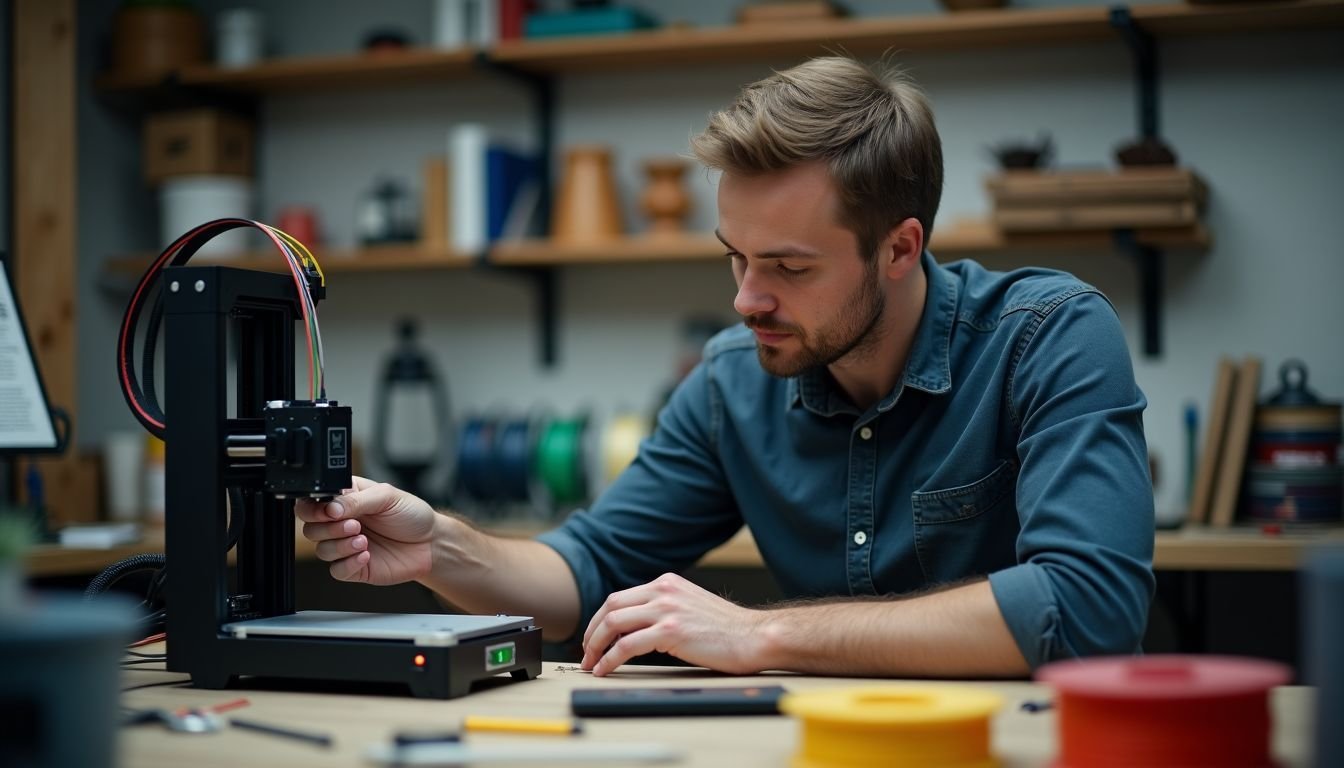 A man adjusts a 3D printer in a cluttered home workshop.