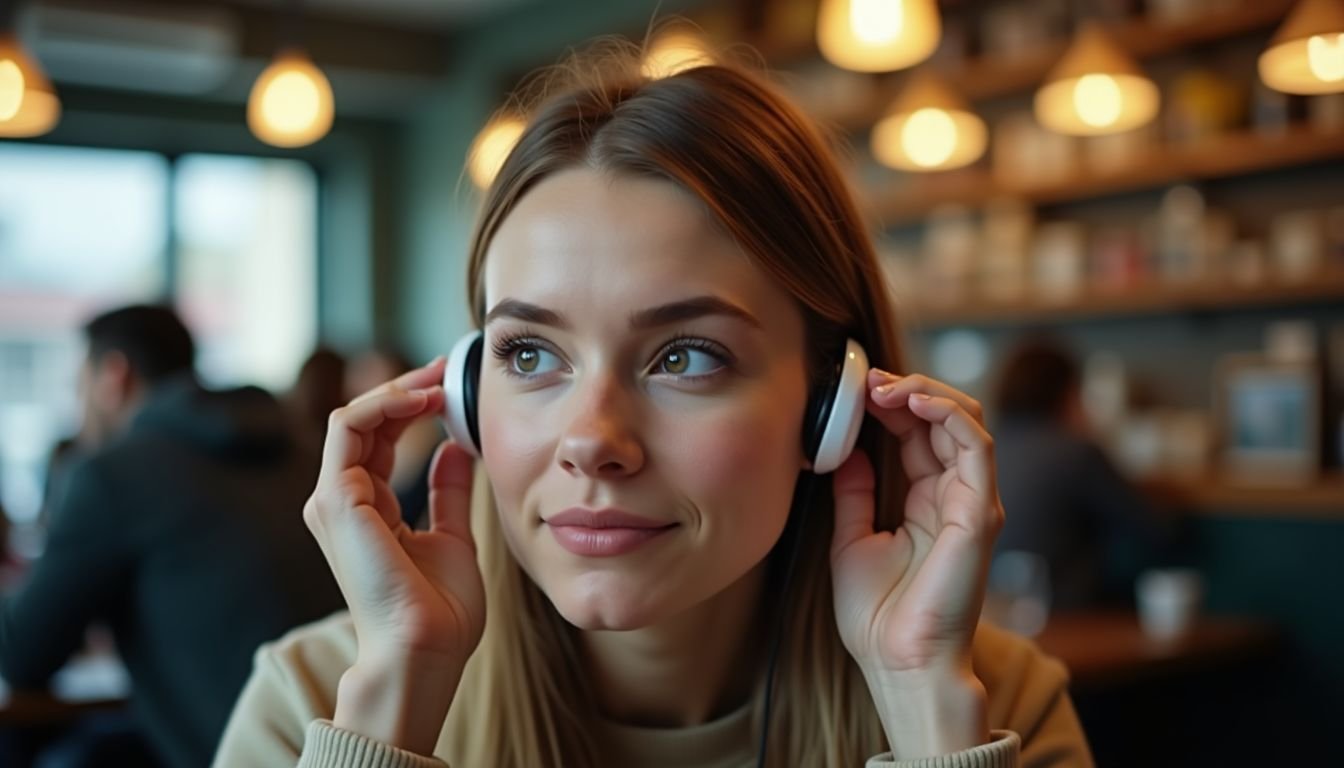 A young woman adjusts her wireless earbuds in a busy cafe.