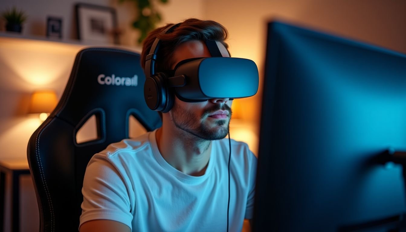 A man in his 30s wearing a VR headset adjusts gaming settings.