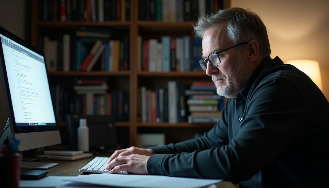 A middle-aged man encrypting his external hard drive in cluttered home office.