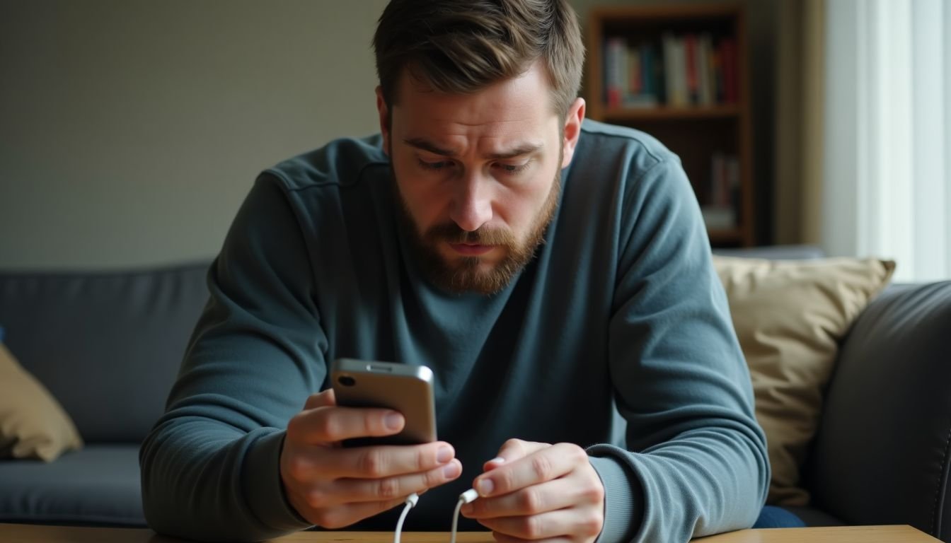 A man struggles to charge a power bank with a damaged cable.