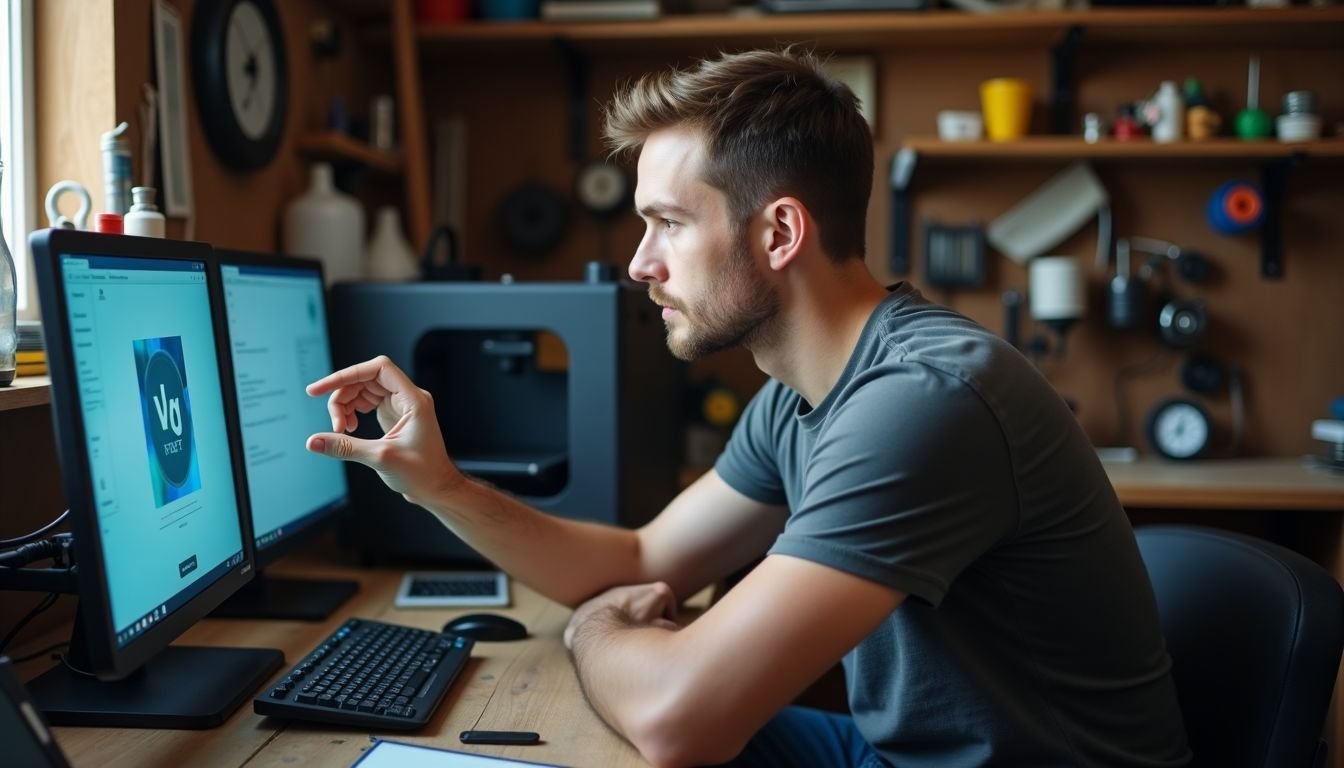 A man in his 30s adjusting settings on a 3D printer.